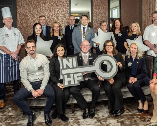 Eddie McKeever, Northern Ireland Hotels Federation (NIHF) President and host Pamela Ballantine are pictured with the hotel heroes from across Northern Ireland
