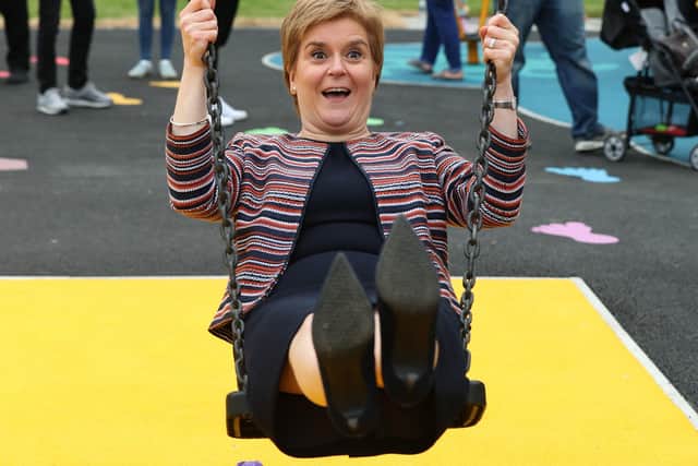 A swing to independence? File photo dated 4/6/2018 of First Minister Nicola Sturgeon has a shot on a swing as she officially opened a play park at Pittencrieff Park in Dunfermline