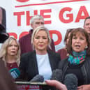 First Minister Michelle O'Neill and Sinn Fein president Mary Lou McDonald hold a press conference before a rally on Garvaghy Road during last month's dispute. Picture: Tony Hendron