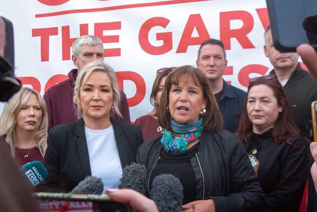First Minister Michelle O'Neill and Sinn Fein president Mary Lou McDonald hold a press conference before a rally on Garvaghy Road during last month's dispute. Picture: Tony Hendron