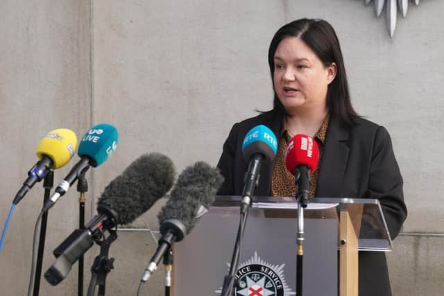 Detective Inspector Gina Quinn speaks during a press conference at PSNI Headquarters in Belfast, following the death of Kevin Conway in a shooting in the Greenan area of west Belfast on Tuesday evening