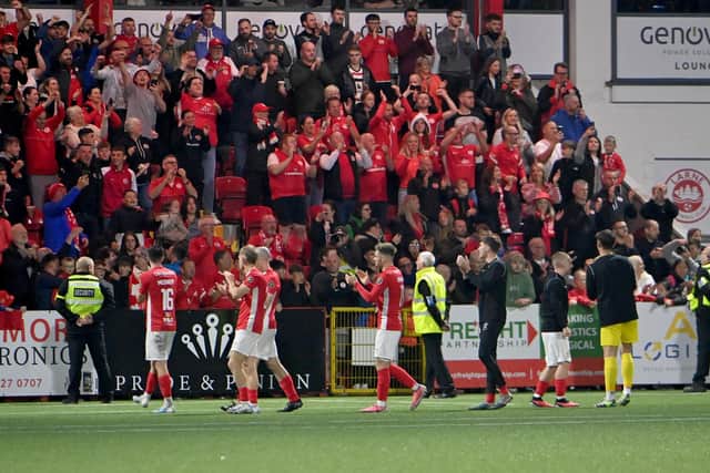 29th August 2024
Uefa Conference League play-off second leg: Larne v Lincoln Red Imps
Larne’s players celebrate their historic win which sees them qualify for group stages of the Conference league
Mandatory Credit -Inpho/Stephen Hamilton
: Larne qualify for group stage of the Europa Conference tournament.
