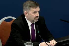 Health Minister Robin Swann today giving evidence to the inquiry assessing Northern Ireland's handling of the Covid emergency, at the Clayton Hotel in Belfast