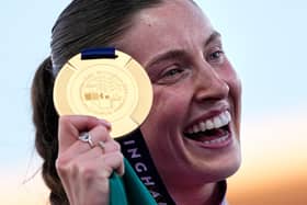 Ireland's Kate O'Connor celebrates after winning the gold medal in the heptathlon at the European Athletics Championships in Birmingham,
