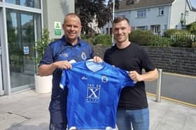 Kealan Dillon pictured with Dungannon Swifts manager Rodney McAree after joining the ranks at Stangmore Park. Picture: Dungannon Swifts FC