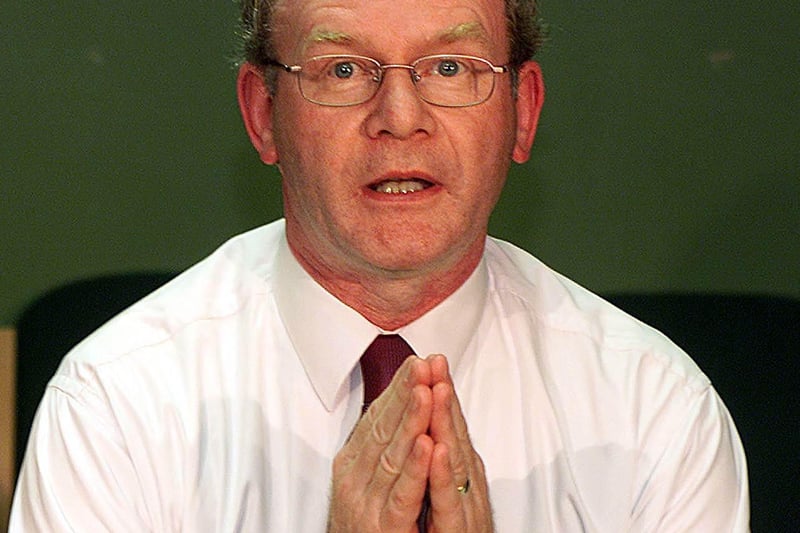 PACEMAKER BELFAST  7/8/2001   An Angelic looking Sin Fein leader Martin McGuinness pictured at a press conference in West Belfast this afternoon where he launched a scathing attack on Unionist leader David Trimble telling him to "butt out" of the decommissioning issue between de Chastelain and the IRA.