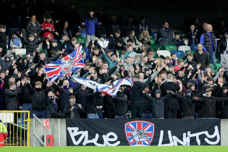 Linfield's Blue Unity celebrate as their side go 3-0 up at Windsor Park