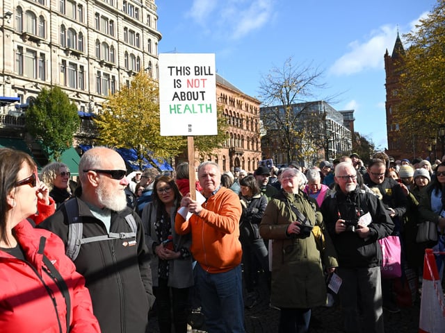 Protestors pictured at Belfast City Hall against the  NI Public Health Bill.