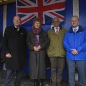 DUP Leader Jeffrey Donaldson, TUV Leader Jim Allister, Baroness (Kate) Hoey, ex MEP Ben Habib, the loyalist Jamie Bryson, during an anti-Northern Ireland Protocol rally in Bangor, Co Down in April last year