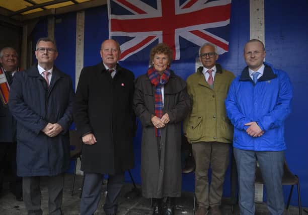 DUP Leader Jeffrey Donaldson, TUV Leader Jim Allister, Baroness (Kate) Hoey, ex MEP Ben Habib, the loyalist Jamie Bryson, during an anti-Northern Ireland Protocol rally in Bangor, Co Down in April last year