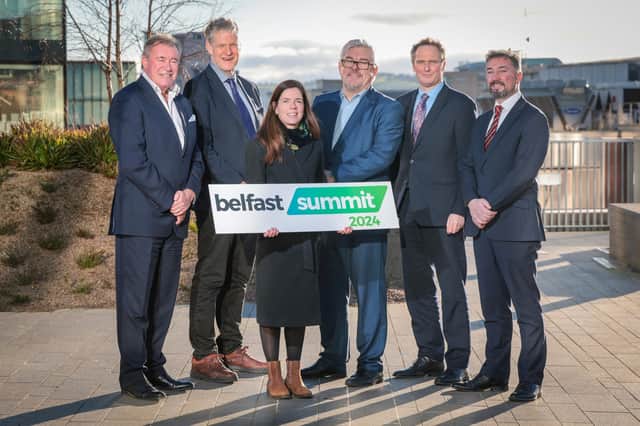 Belfast Summit 2024 welcomes keynote speaker Professor Carlos Moreno - the creator of the 15-minute city concept - to first-of-its kind event focussing on the
challenges and opportunities faced by the region’s leading city. Pictured are Alan Crow, Belfast One, Professor Duncan Morrow, Ulster University, Eimear McCracken, Belfast One, Damien Corr, Destination CQ, Brendan Mulgrew, MW Advocate, & Chris McCracken, Linen Quarter BID