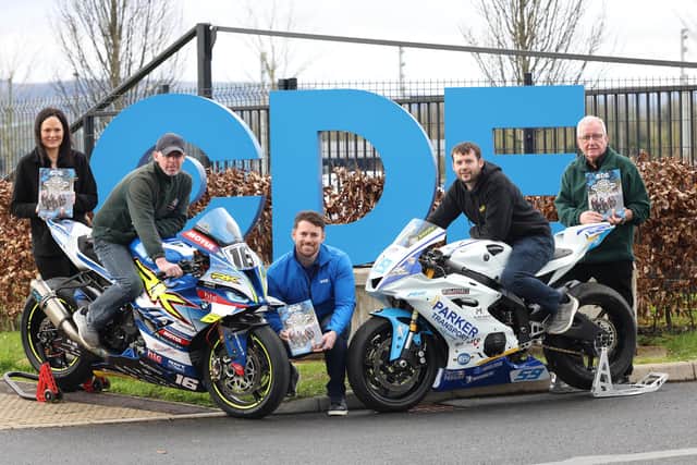 Pictured at the launch of the CDE Cookstown 100 on Wednesday are racer Darryl Tweed (right) with Cookstown 100 club members Caroline Sterling, John Dillon and George Young, and (kneeling) CDE sales manager Adrian Convery. Picture: Stephen Davison