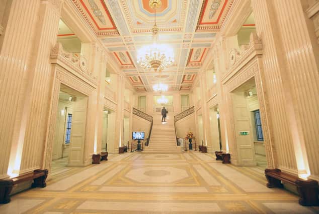 An empty Great Hall at Parliament Buildings, Stormont. During Sinn Fein’s three year boycott of the Assembly, Westminster refused to take back the powers it devolved. It is prepared to intervene on occasional issues, but only when it believes there is no danger of annoying nationalists