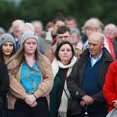 People attend a commemoration and remembrance service in Creeslough, Co Donegal on the first anniversary of the explosion at a service station which killed 10 people. Picture date: Saturday October 7, 2023. PA Photo. Robert Garwe and his five-year-old daughter Shauna Flanagan-Garwe, Catherine O'Donnell and her 13-year-old son James Monaghan, fashion student Jessica Gallagher, Celtic fan Martin McGill, Sydney native James O'Flaherty, shop worker Martina Martin, carpenter Hugh 'Hughie' Kelly and 14-year-old Leona Harper were killed in the explosion on the afternoon of Friday October 7 last year. See PA story IRISH Creeslough. Photo credit should read: Liam McBurney/PA Wire