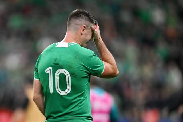 Johnny Sexton of Ireland looks dejected at full-time after their team's loss in the Rugby World Cup France 2023 Quarter Final match between Ireland and New Zealand at Stade de France on October 14, 2023 in Paris, France. (Photo by Hannah Peters/Getty Images)