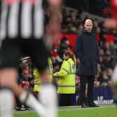 MANCHESTER, ENGLAND - NOVEMBER 01: Manchester United Manager Erik Ten Hag looks on from the sidleines during the Carabao Cup Fourth Round match between Manchester United and Newcastle United at Old Trafford on November 01, 2023 in Manchester, England. (Photo by Stu Forster/Getty Images)