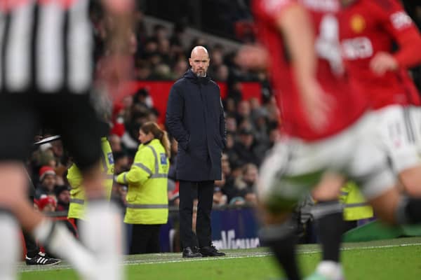MANCHESTER, ENGLAND - NOVEMBER 01: Manchester United Manager Erik Ten Hag looks on from the sidleines during the Carabao Cup Fourth Round match between Manchester United and Newcastle United at Old Trafford on November 01, 2023 in Manchester, England. (Photo by Stu Forster/Getty Images)