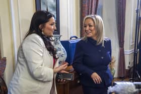 Behind the scenes at Stormont as First Minister Michelle O'Neill (right) chats with Deputy First Minister Emma Little-Pengelly in the office of First Minister