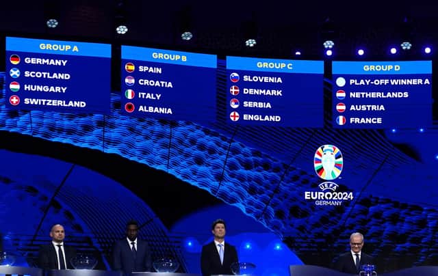 Close-up of Group A, B, C and D shown on the LCD screens following the UEFA Euro 2024 draw at the Elbphilharmonie in Hamburg, Germany. (Photo by Adam Davy/PA Wire)