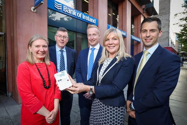 Northern Ireland Chamber of Commerce and Industry (NI Chamber) and Bank of Ireland UK invite finance professionals from across the province to start their day with a business breakfast on Friday, September 29. Pictured are Sarah-Jayne Hunniford (Mount Charles), Alan Bridle (Bank of Ireland UK), Niall Devlin (Bank of Ireland UK), Suzanne Wylie (NI Chamber) and David Smith, (Kilwaughter Minerals)
