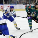 Belfast Giants' Greg Printz in action with Fife Flyers' Colin Shirley during Saturday night's game at the SSE Arena in Belfast. Picture: William Cherry/Presseye
