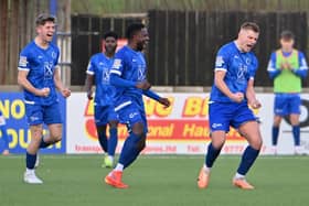Dungannon Swifts striker Andrew Mitchell celebrates scoring his first league goal since returning from Coleraine last month. PIC: INPHO/Presseye/Stephen Hamilton