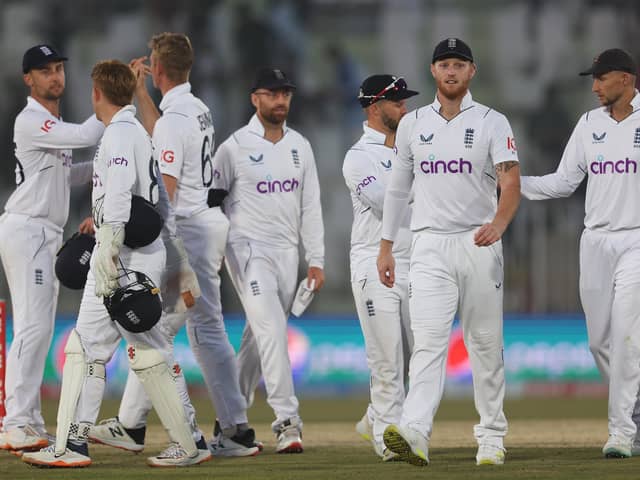 Ben Stokes of England walks his team off, after day three during the First Test Match between Pakistan and England at Rawalpindi Cricket Stadium on Sunday. (Photo by Matthew Lewis/Getty Images)