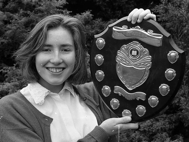 Wendy Chaffer from Finaghy who received the Hewitt Shield for the school-leaver who had contributed the most to the life of the school at the certificate day at Dunmurry High School in February 1992. The Hewitt Shield was presented in memory of two brothers, former pupils of the school. Picture: News Letter archives
