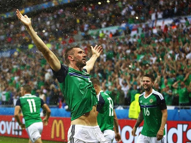 Gareth McAuley, the new manager of Northern Ireland men's under 19s, celebrates scoring at EURO 2016 against Ukraine. (Photo by Clive Brunskill/Getty Images)