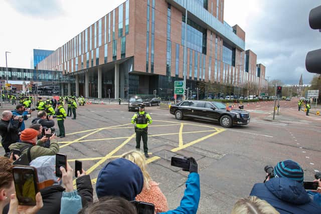 The motorcade of US President Joe Biden, led by The Beast, is driven away from Ulster University in Belfast on April 12, 2023. Photo by PAUL FAITH/AFP via Getty Images