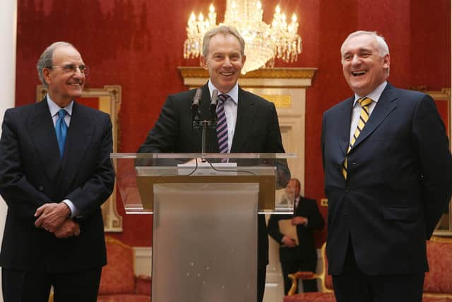 File photo dated 11/04/08 of (left to right) US Senator George Mitchell, former prime Minister Tony Blair and outgoing Irish premier Bertie Ahern, during a meeting at Dublin Castle which formed part of a series of events marking the 10th anniversary of the Good Friday Agreement. The significance of the historic Good Friday Agreement is to be remembered on Easter Monday as it reaches its 25th anniversary. Issue date: Monday April 10, 2023.