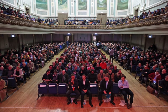 A general view of a rally for Irish unification organised by Pro-unity group Ireland's Future at the Ulster Hall in Belfast. Picture date: Wednesday November 23, 2022. PA Photo. See PA story ULSTER IrishUnity. Photo credit should read: Liam McBurney/PA Wire