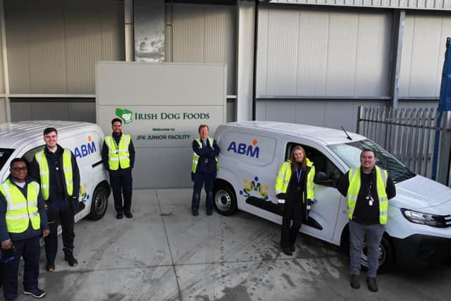 ABM, a leading provider of integrated facility services with a strong presence in Northern Ireland, has secured a new three year contract with Irish Dog Foods for its pet food manufacturing facility in Naas, Co. Kildare. Pictured are Nyson Sawerengera, Adam Keane, Joao Vieira, Tony Donnelly, Anna Mooney and Dwayne Nelson