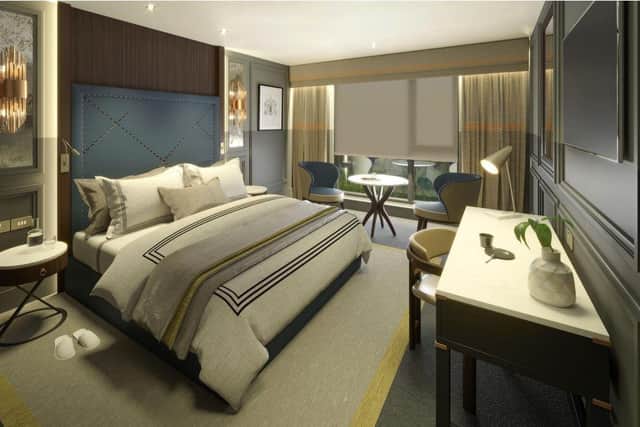 An artist's illustration of one of the new hotel's guest rooms
