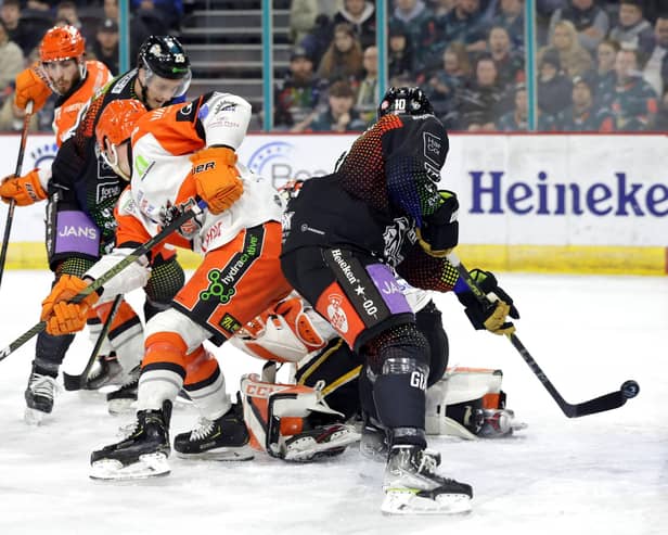 Belfast Giants' Scott Conway scoring against Sheffield Steelers during Friday’s Elite Ice Hockey League game at the SSE Arena, Belfast.   Photo by William Cherry/Presseye