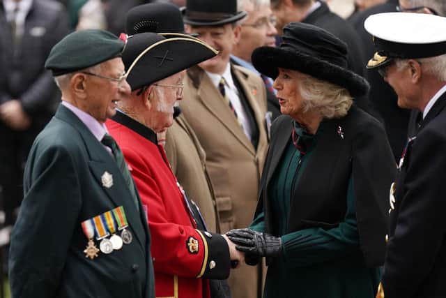 Queen Camilla meets veterans of the armed forces during a visit to the Field of Remembrance, in its 95th year, at Westminster Abbey in London, ahead of Armistice Day. Picture date:  Photo: Aaron Chown/PA Wire