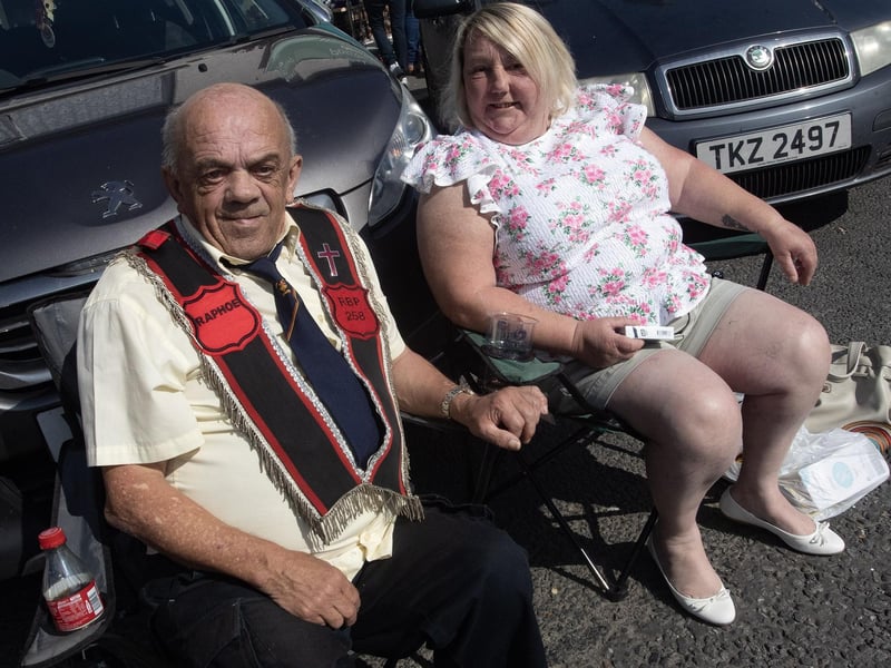 Awaiting the arrival of the The Royal Black Institution 'Last Saturday' parade in Raphoe at the weekend are William Woods and Nicola Wilkinson