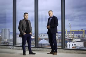 Councillor Ryan Murphy, chair of Belfast City Council’s City Growth and Regeneration committee and Colin Mounstephen from Deloitte launch the annual Belfast Crane Report in Deloitte’s new offices at Bedford Square