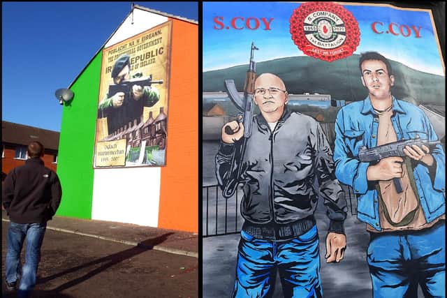 Two recent murals, one an IRA one, the other one for the UVF