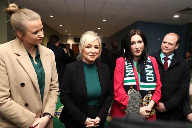 (left to right) Sinn Fein MLA Aisling Reilly, First Minister Michelle O'Neill and Deputy First Minister Emma Little-Pengelly pose for a photo before the UEFA Women's Nations League Semi Final 2nd leg match at Windsor Park, Belfast. Picture date: Tuesday February 27, 2024. PA Photo. See PA story ULSTER Windsor. Photo credit should read: Liam McBurney/PA WireUse subject to FA restrictions. Editorial use only. Commercial use only with prior written consent of the FA. No editing except cropping.