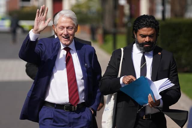Former US president Bill Clinton arriving to give his speech to the international conference to mark the 25th anniversary of the Belfast/Good Friday Agreement, at Queen's University Belfast