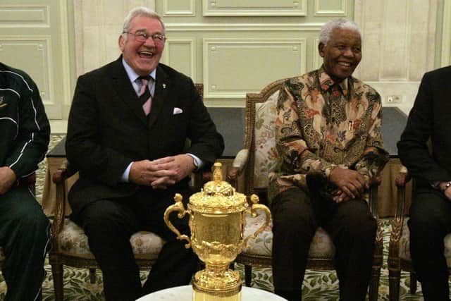 Syd Millar in 2007 as International Rugby Board chairman pictured with Nelson Mandela and the famous Webb Ellis Cup in France. (Photo by Tertius Pickard-Pool/Getty Images)