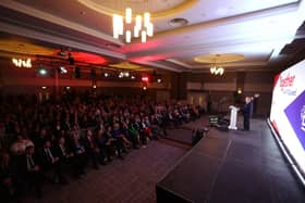 DUP leader Sir Jeffrey Donaldson delivers his keynote speech during his party's annual conference on Saturday. His speech included the UUP argument that direct rule would be bad for Northern Ireland: Liam McBurney/PA Wire