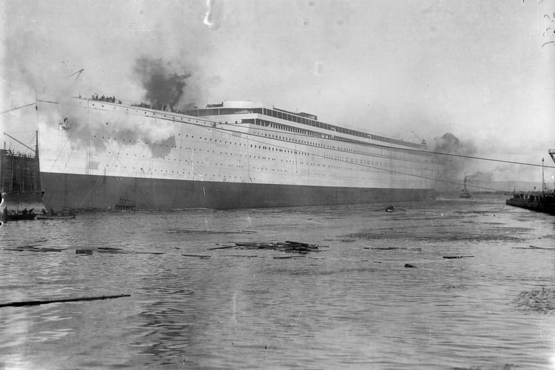 The launch of  the 883-foot-long White Star liner Olympic from the Harland and Wolff yard, Belfast. Known as 'Old Reliable', she was the sister ship of the Titanic and Britannic.   (Photo by Topical Press Agency/Getty Images)