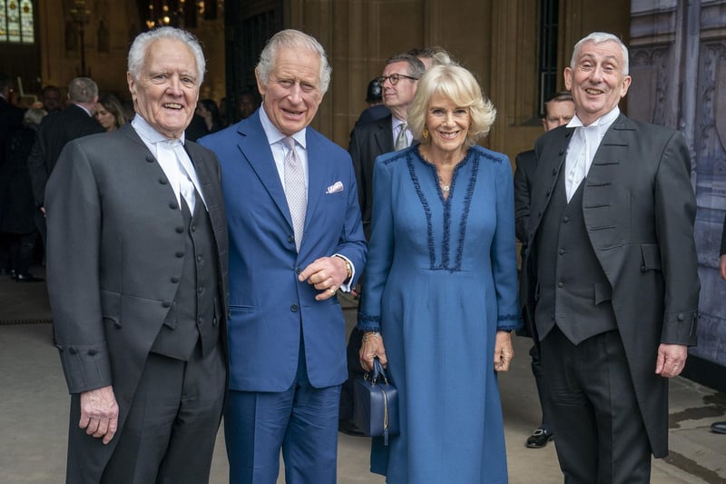 King Charles III and the Queen Consort with Speaker of the House of Lords Lord McFall of Alcluith (left) and Commons Speaker Sir Lindsay Hoyle during their visit to Westminster Hall at the Palace of Westminster to attend a reception ahead of the coronation.