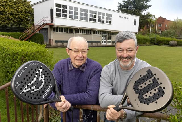 Padel, the world's fastest growing racquet sport, is coming to East Belfast following a major expansion announcement at Shorts Recreation and Sports Club by Let's Go Padel. Pictured is Pete Boyle and Jack Edmonds, secretary of Shorts Recreation and Sports Club