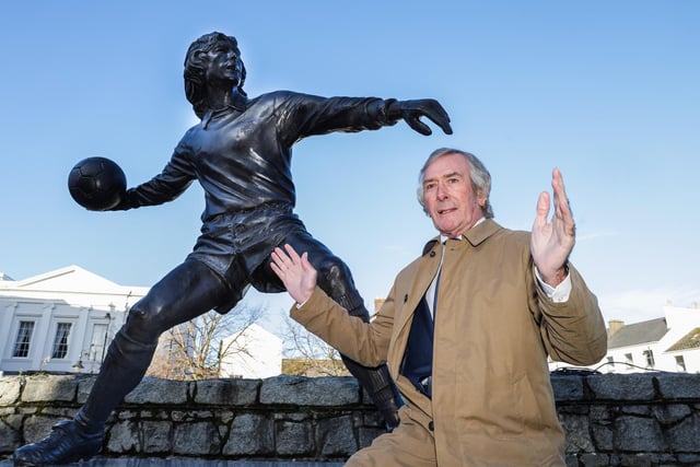 Press Eye - Belfast, Northern Ireland -04th November 2023 - Photo by William Cherry/PresseyeLegendary goalkeeper Pat Jennings performed the official unveiling of his statue in Kildare Street, Newry on Wednesday morning.  The legendary Northern Ireland goalkeeper was capped 119 times for Northern Ireland and played in two World Cups.His club career included winning five trophies with Tottenham and Arsenal in addition to being named the Players' Player of the Year [1976] and Football Writers' Player of the Year [1973].  Photo by William Cherry/Presseye 