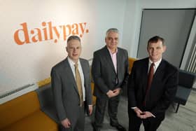New York-based fintech company, DailyPay, has chosen Northern Ireland for its first expansion outside the United States in a major investment that is creating 293 new jobs. Pictured are Ed Zaval, chief customer officer, DailyPay, Mel Chittock, Interim CEO, Invest NI and Paul Hill, MD, DailyPay NI Ltd