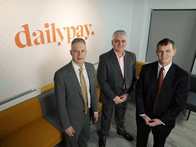 New York-based fintech company, DailyPay, has chosen Northern Ireland for its first expansion outside the United States in a major investment that is creating 293 new jobs. Pictured are Ed Zaval, chief customer officer, DailyPay, Mel Chittock, Interim CEO, Invest NI and Paul Hill, MD, DailyPay NI Ltd