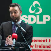 SDLP leader Colum Eastwood speaking during the party's local government manifesto 2023 launch at PortView Trade Centre in Belfast